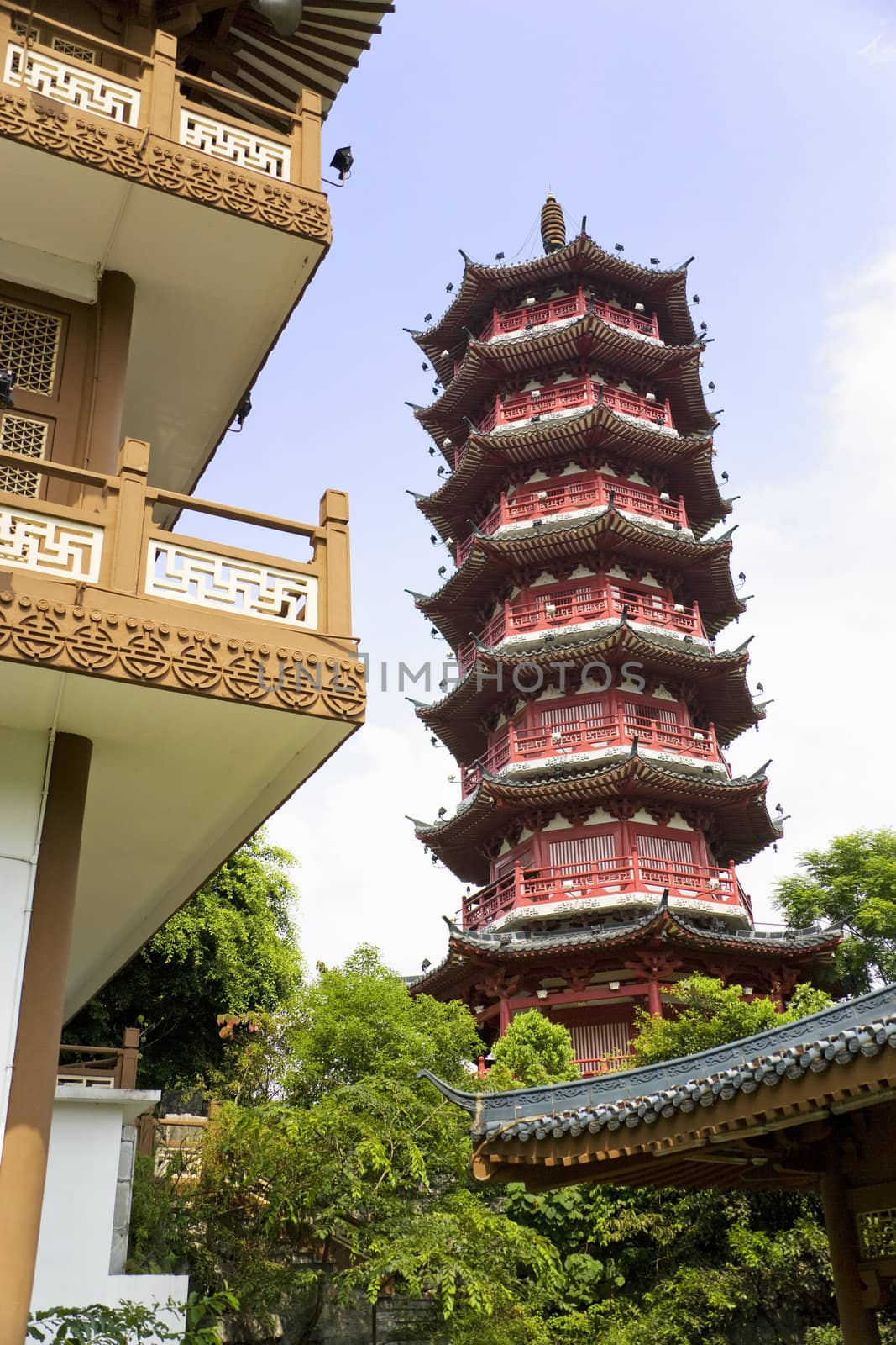 Image of the Mulong Lake pagoda and buildings at Guilin, China.