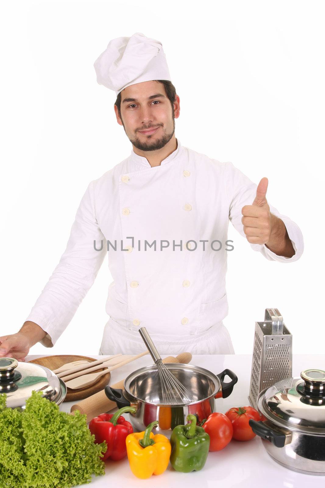 young chef preparing lunch on white background