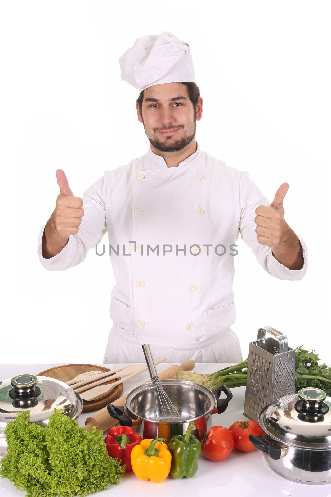 young chef preparing lunch on white background