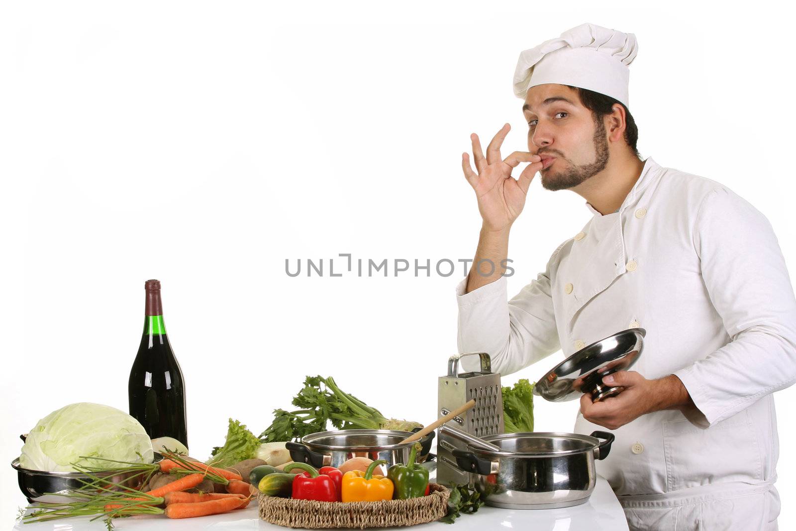 young chef preparing lunch on white background