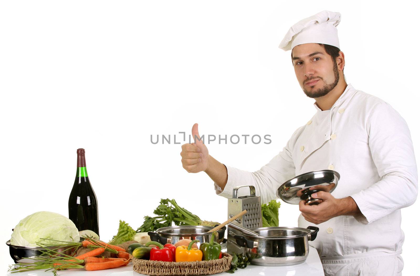 young chef preparing lunch on white background