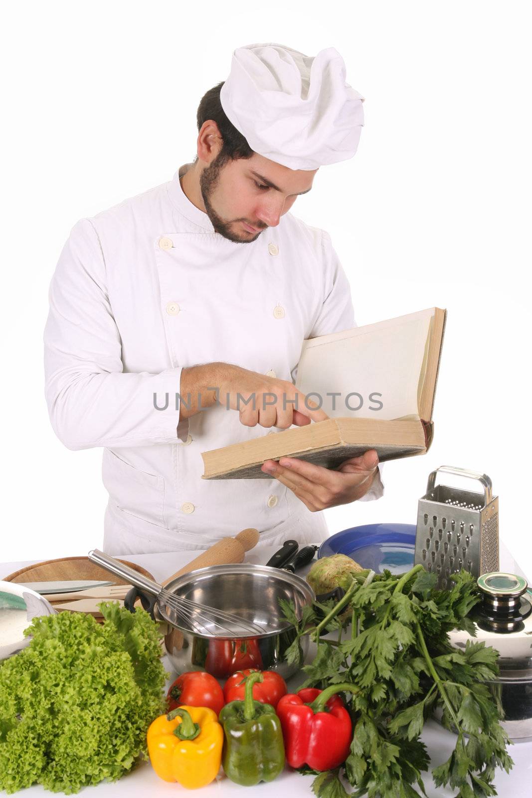 young chef preparing lunch on white background