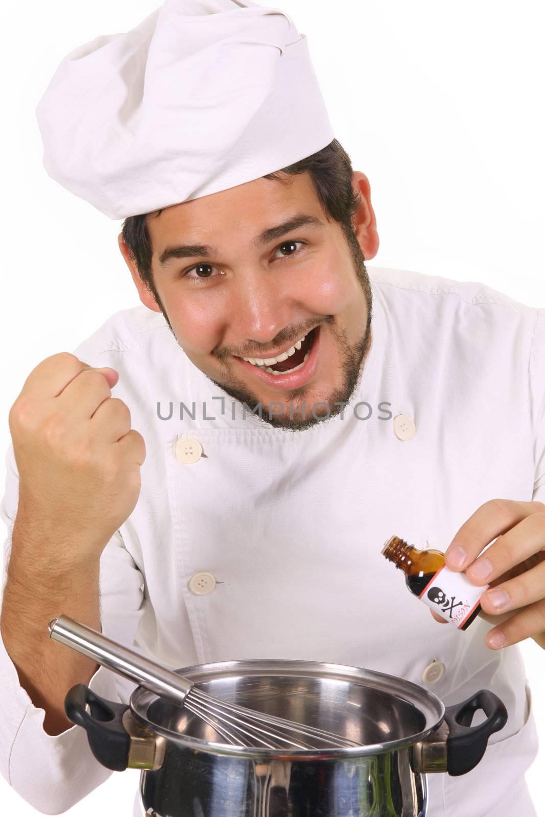 young chef preparing lunch with poison bottle