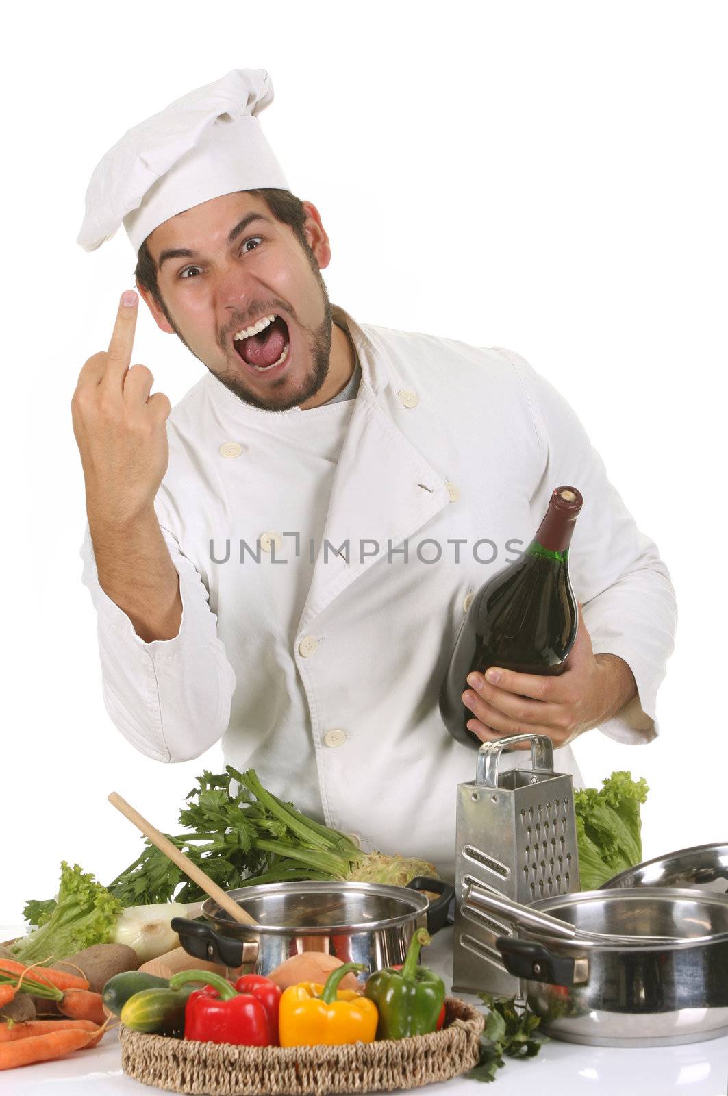 young chef sticking up the middle finger