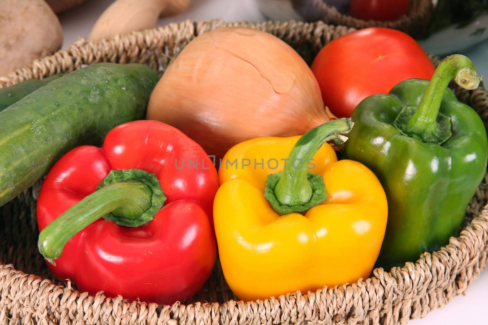 cucumber, onion, tomato and peppers in close up