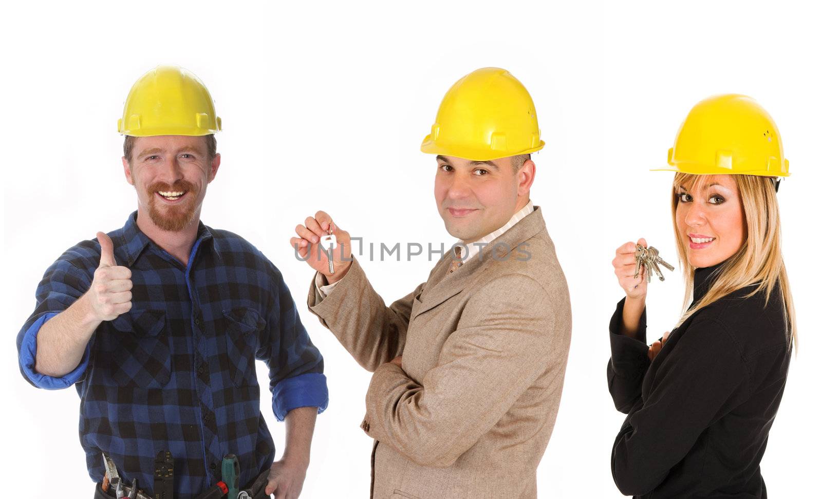 architect, businessman with keys and construction worker