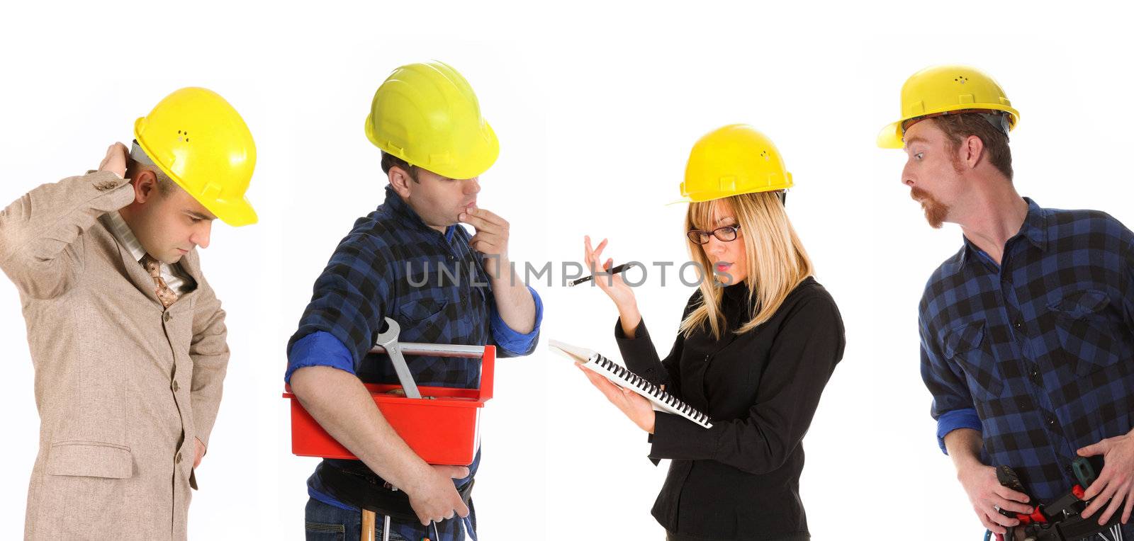angry businesswoman,  businessman and construction workers with architectural plans