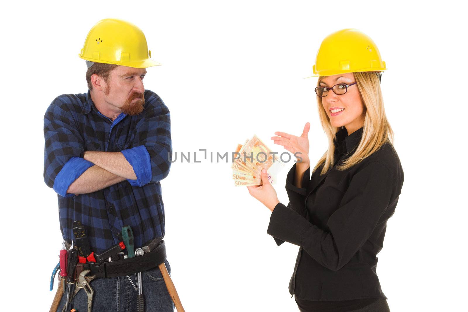 construction worker jealous and businesswoman with earnings on white background