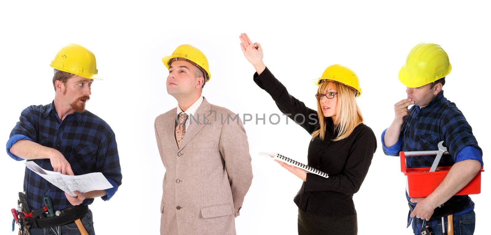 angry businesswoman,  businessman and construction workers with architectural plans