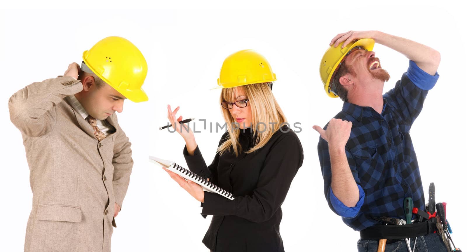 angry businesswoman and architect with architectural plans and construction worker tittering