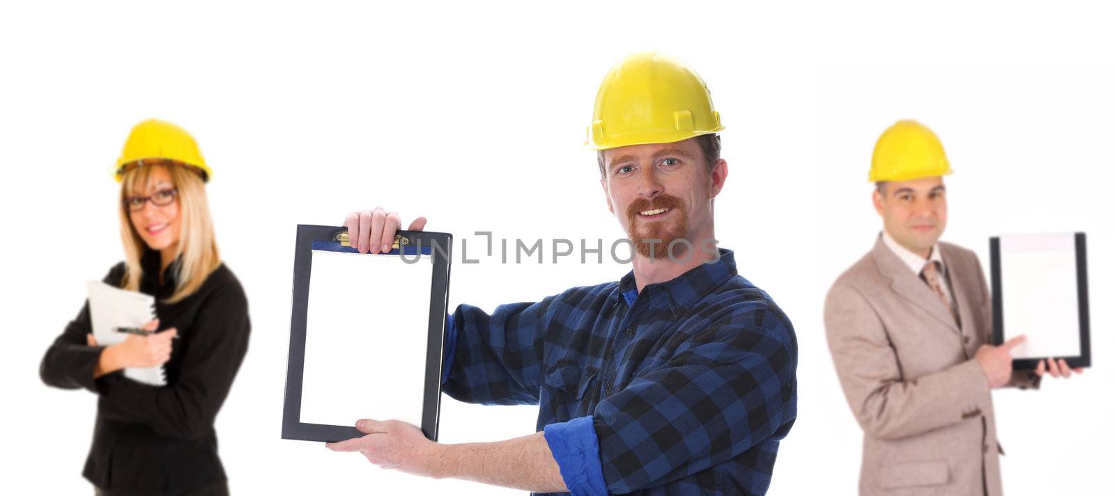businesswoman, businessman and construction worker on white background