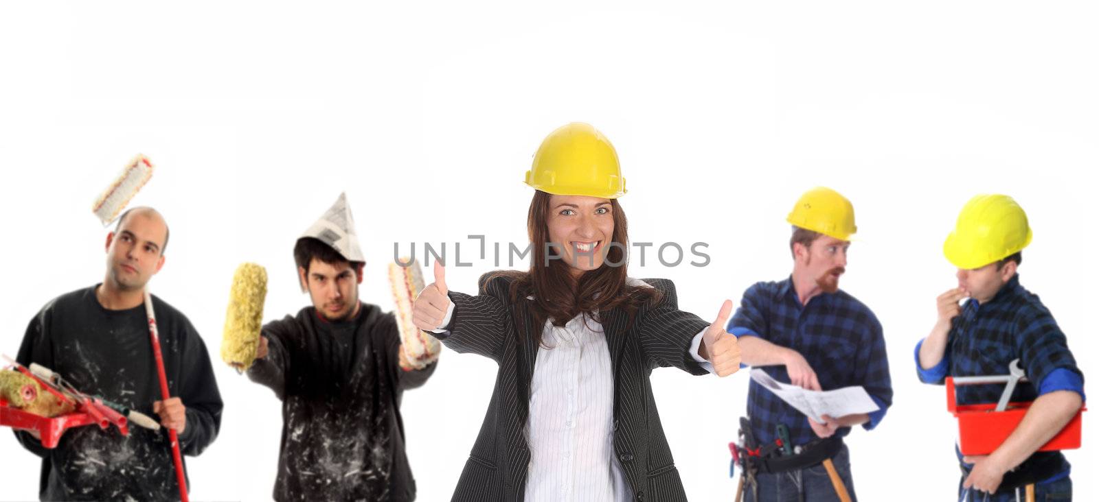 Leadership and team of workers on white background