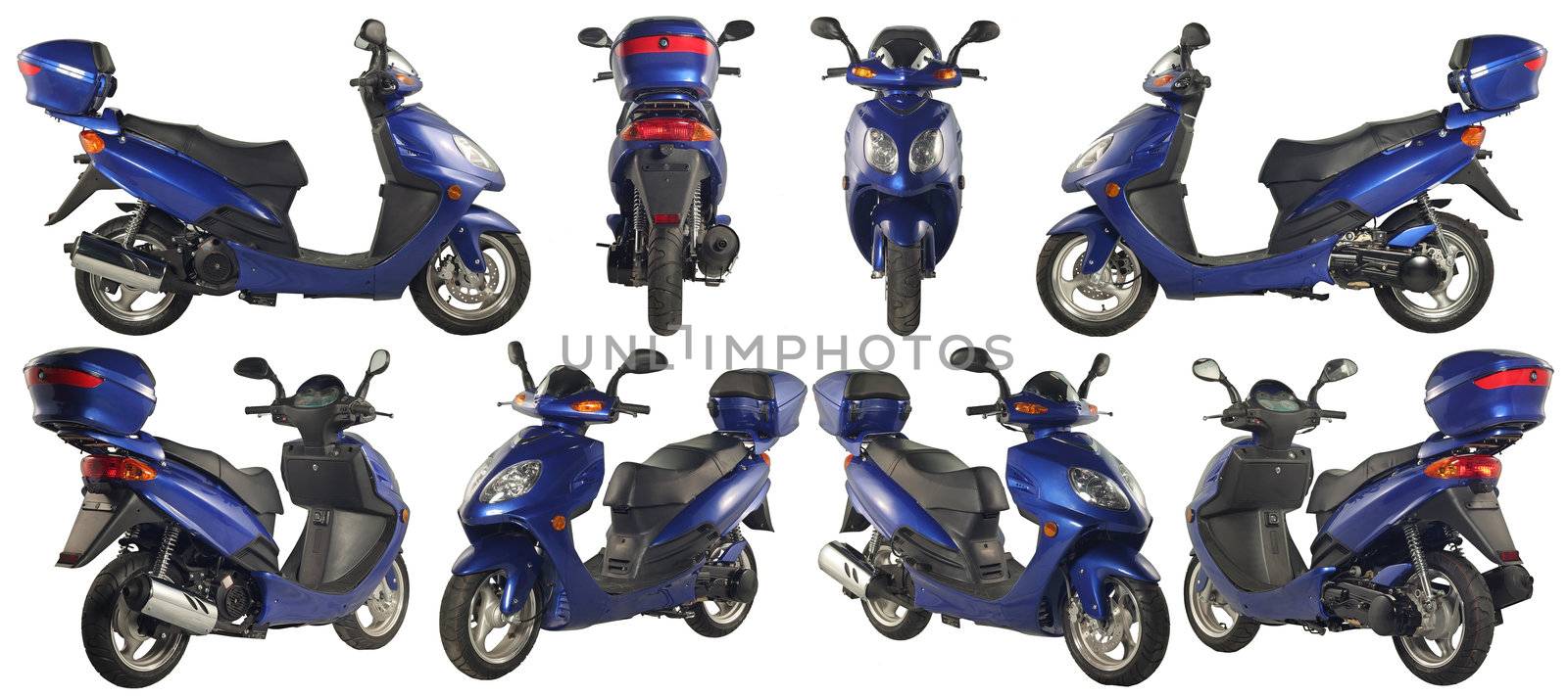 Collection of photos of scooters and motorcycles on a white background. Some images from different foreshortenings in one file.