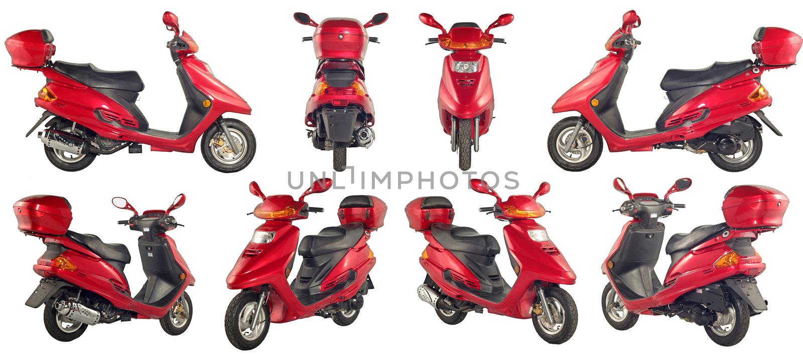 Collection of photos of scooters and motorcycles on a white background. Some images from different foreshortenings in one file.