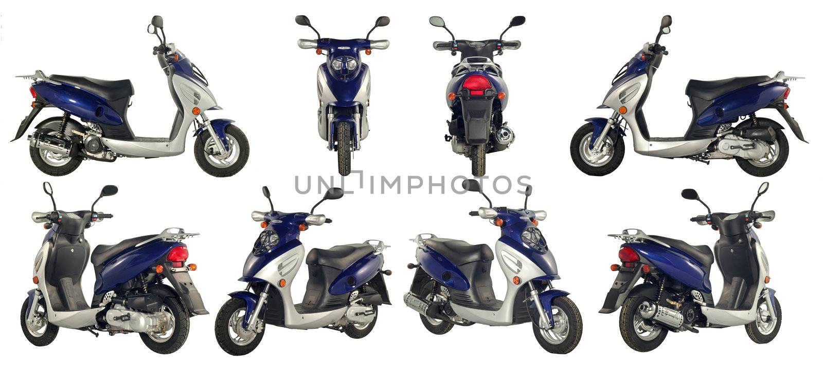 Collection of photos of scooters and motorcycles on a white background. Some images from different foreshortenings in one file.