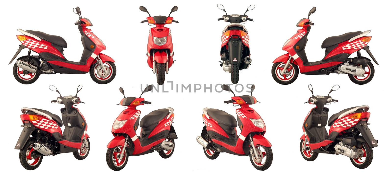 Collection of photos of scooters and motorcycles on a white background. Some images from different foreshortenings in one file.