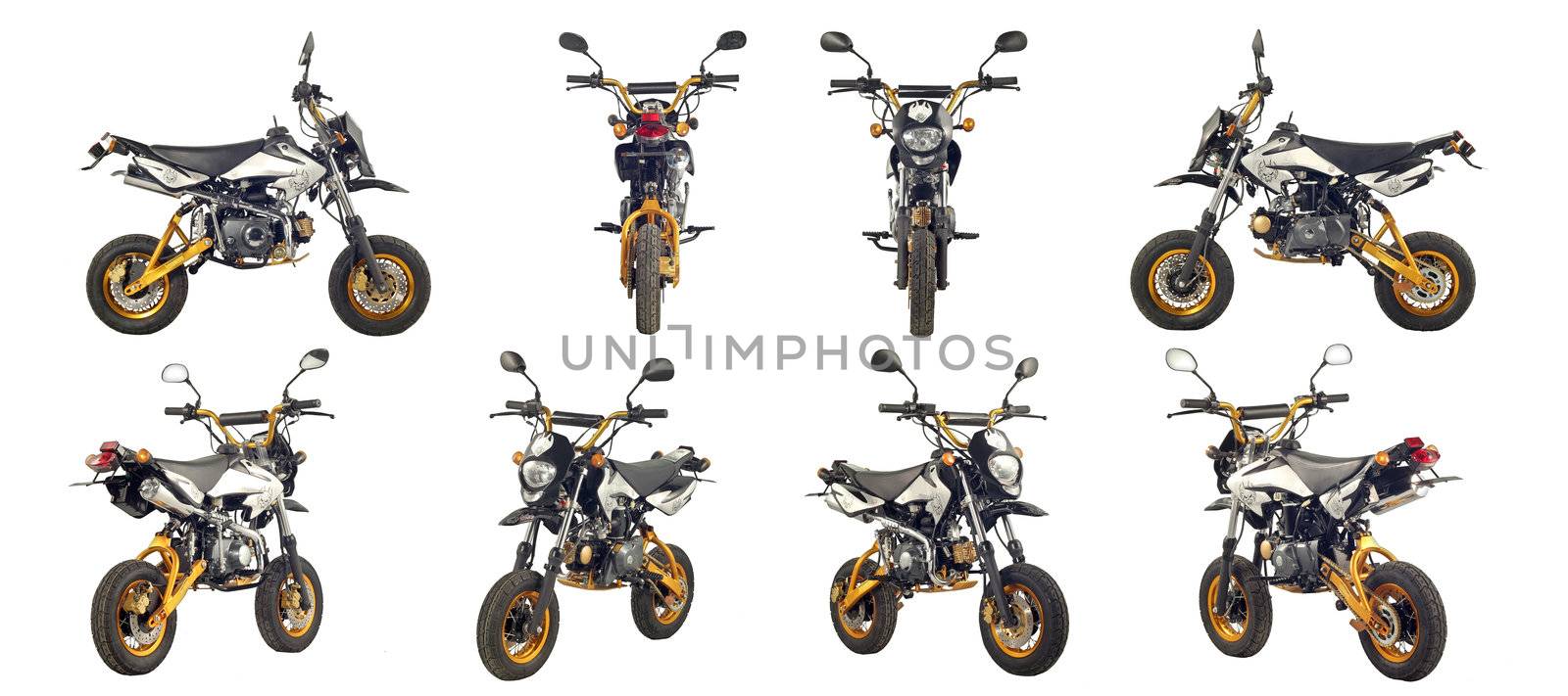 Collection of photos of scooters and motorcycles on a white background. Some images from different foreshortenings in one file.