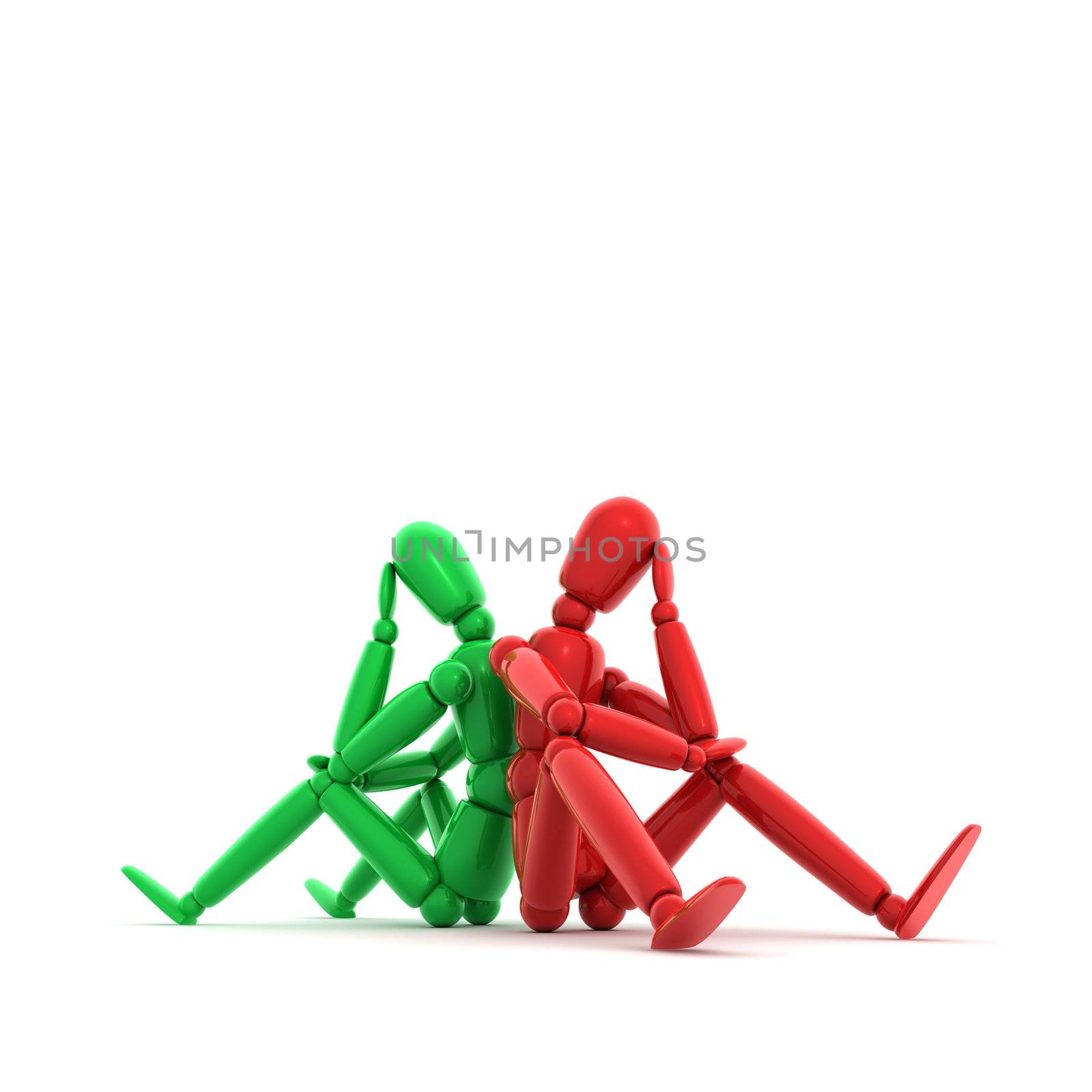 two lay figures in red and green sitting on a white ground thinking