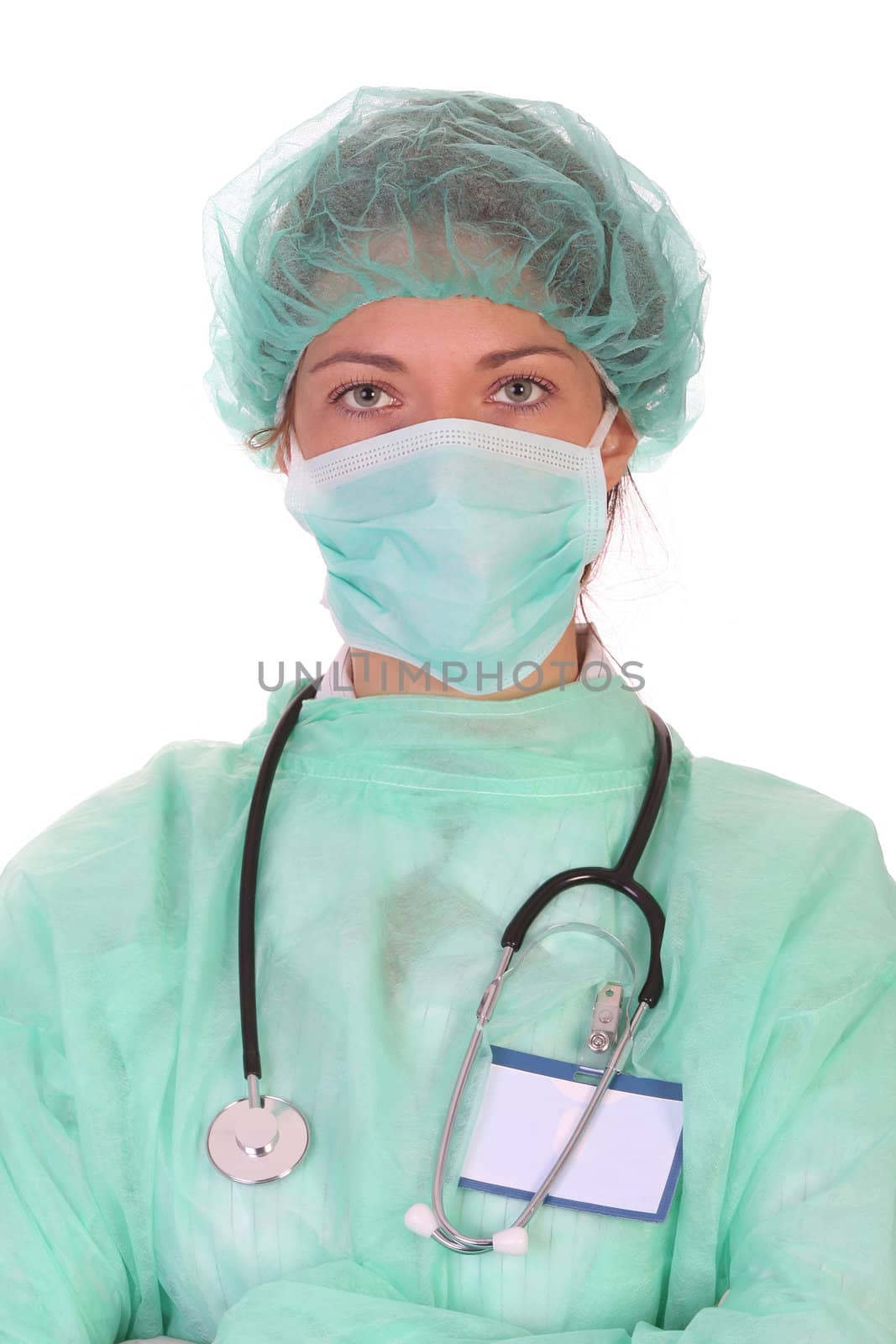 Details an healthcare worker on white background