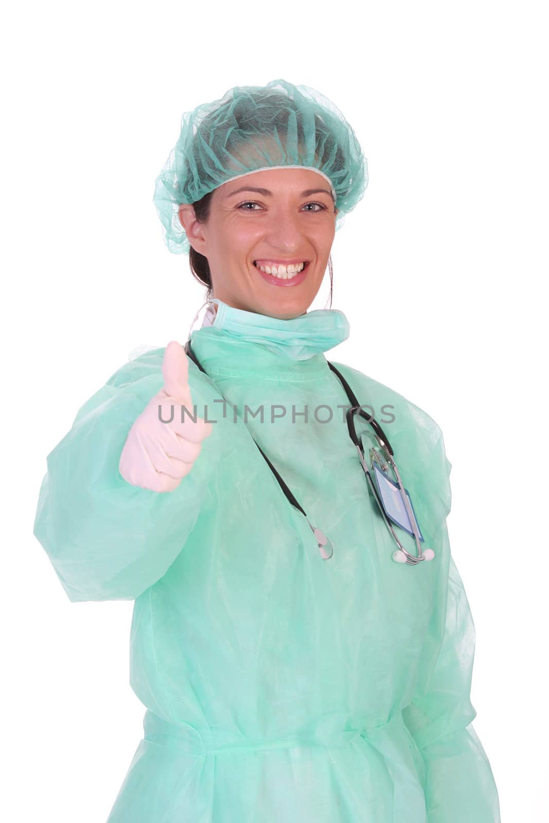 Details an successful healthcare worker on white background