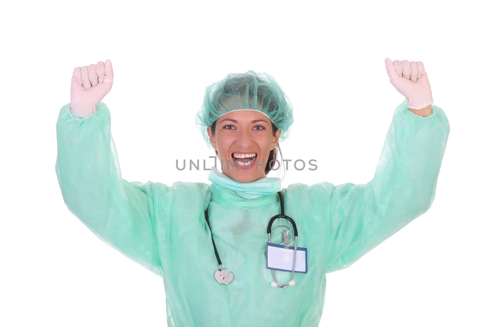 Details an successful healthcare worker on white background