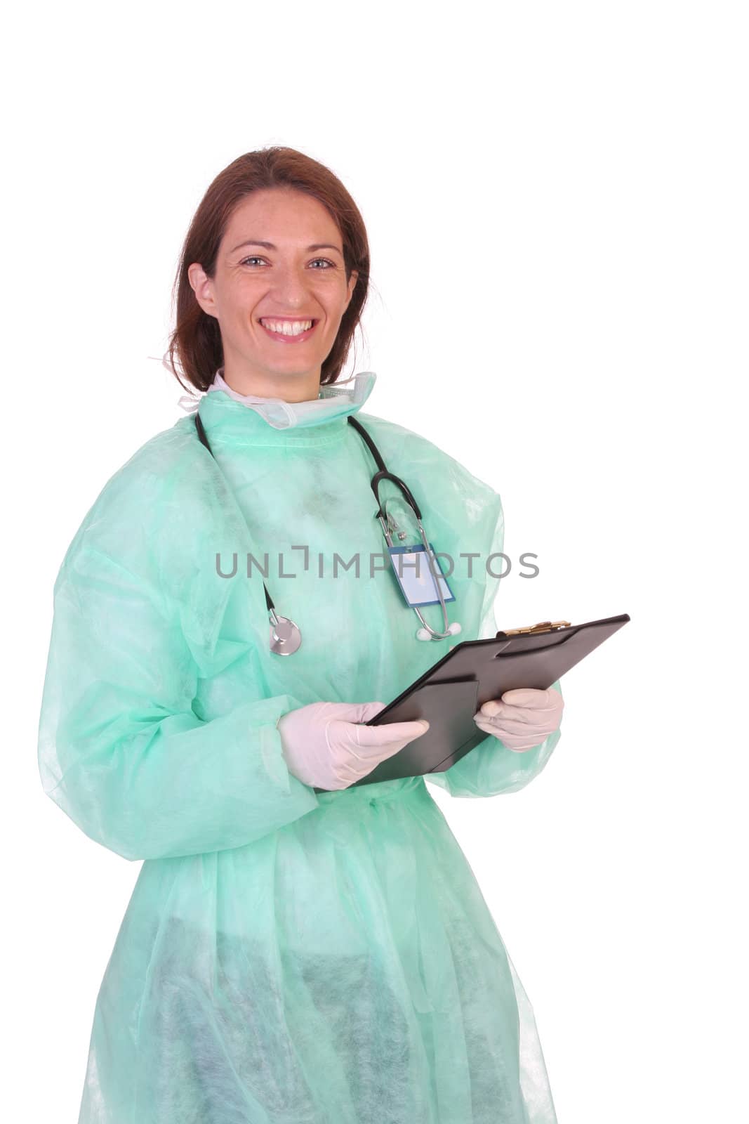 healthcare worker with documents on white background