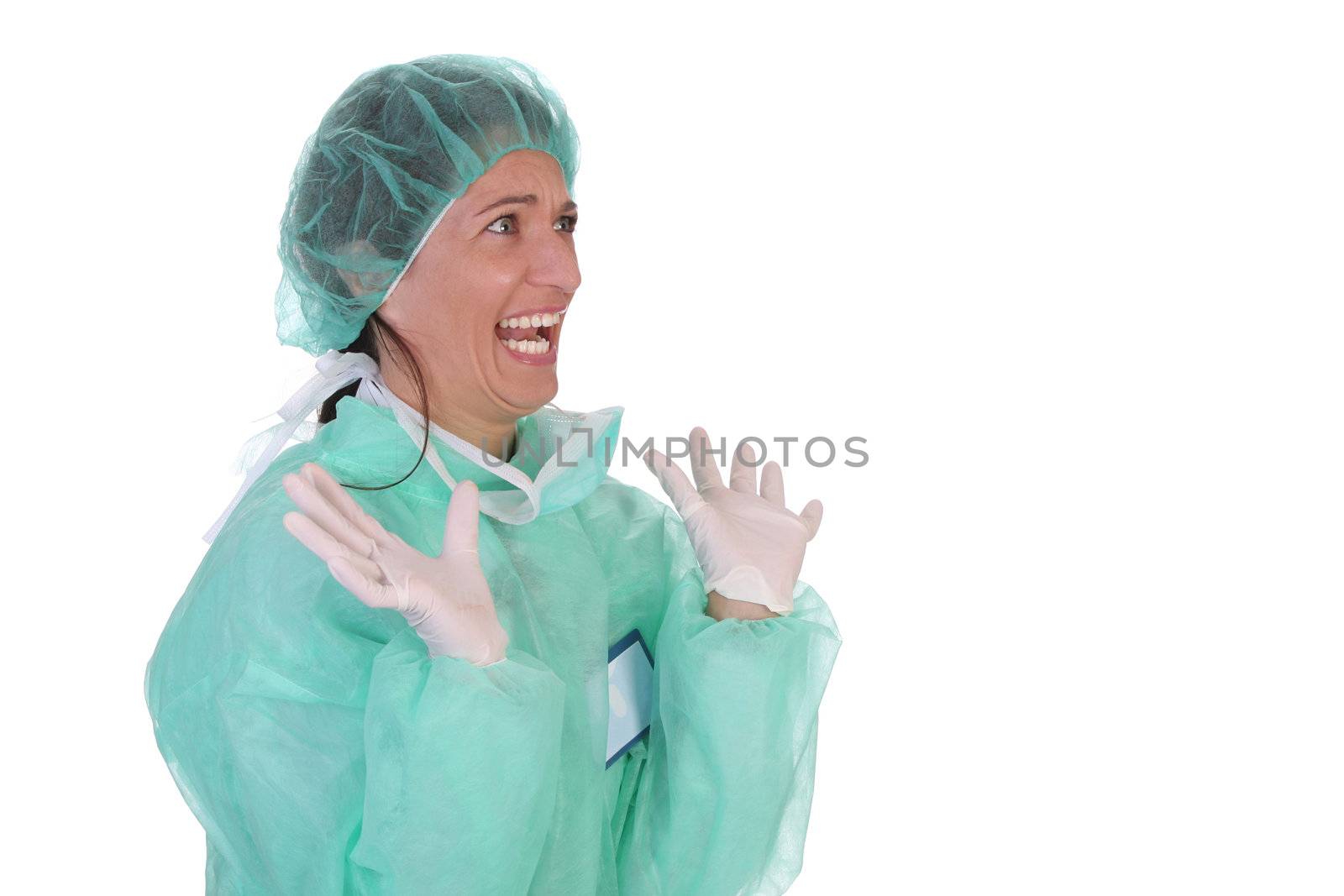 shouting shocked healthcare worker on white background