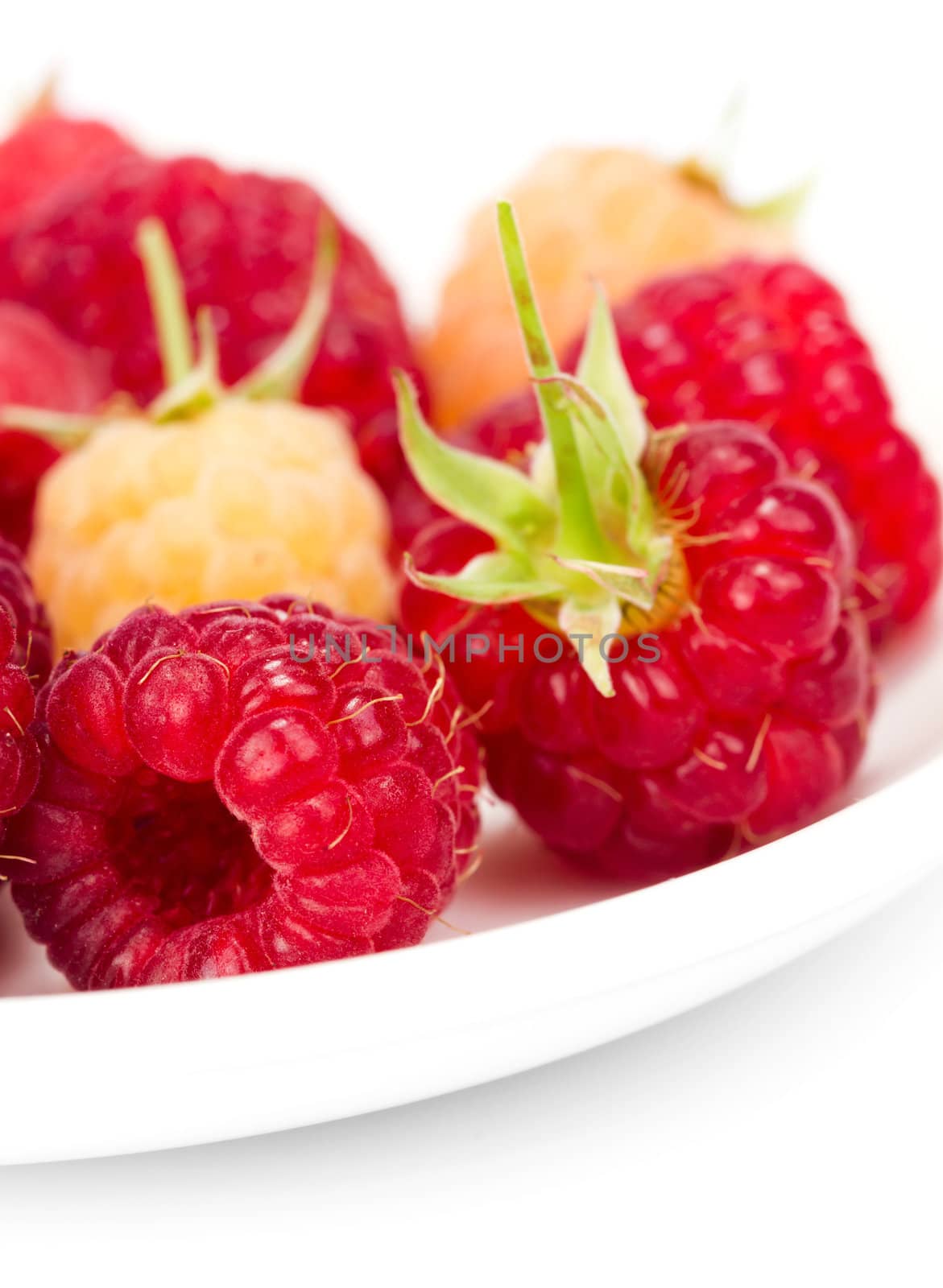 plateful of fresh raspberries on white by Bedolaga