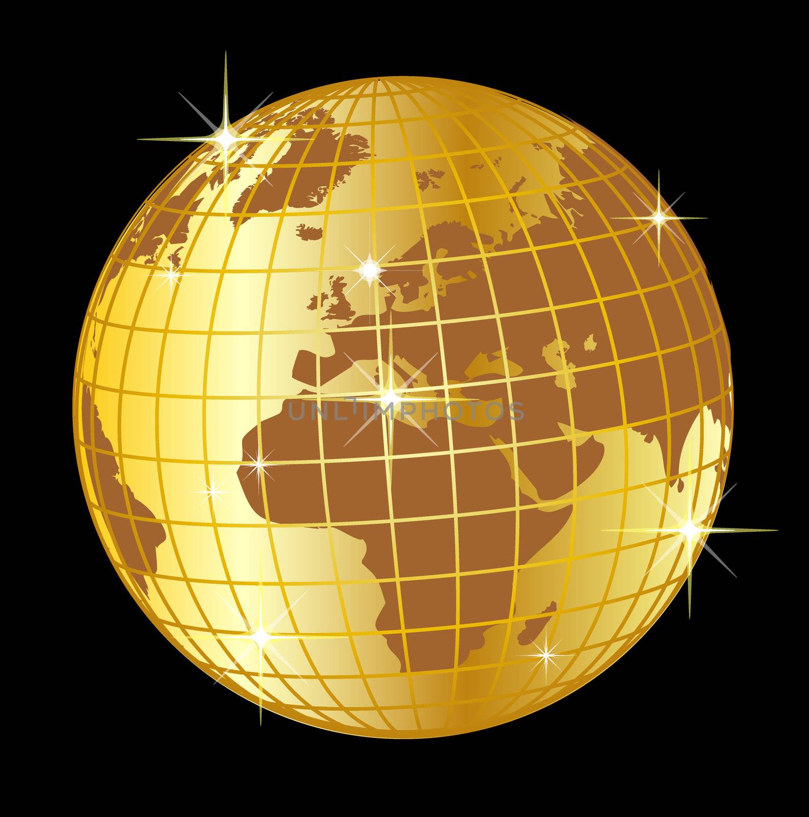 illustration of a golden globe europe and africa on black background