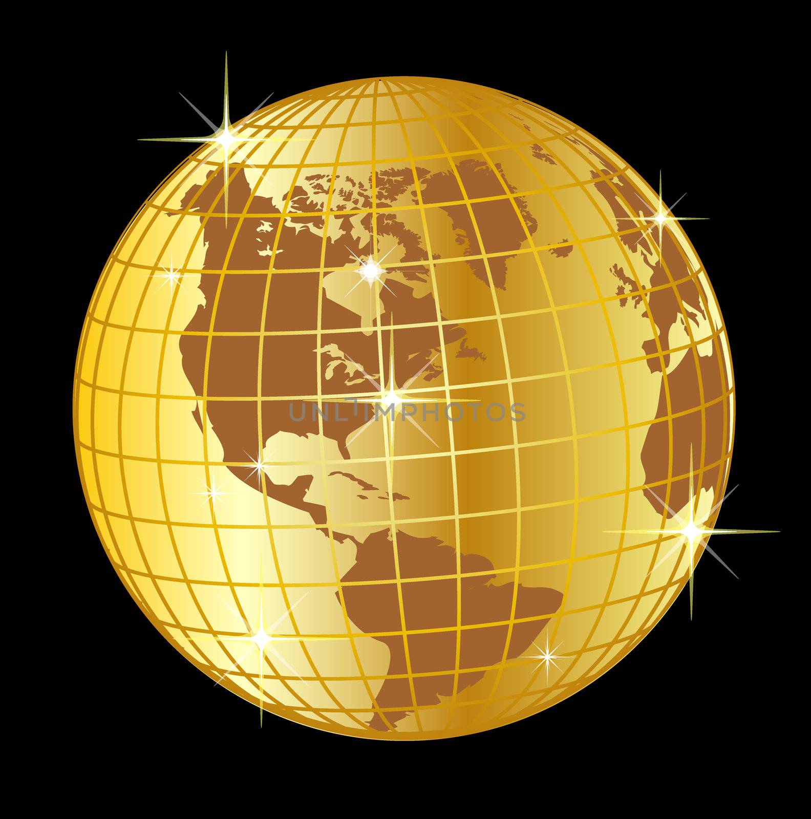 illustration of a golden globe north and south america on black background