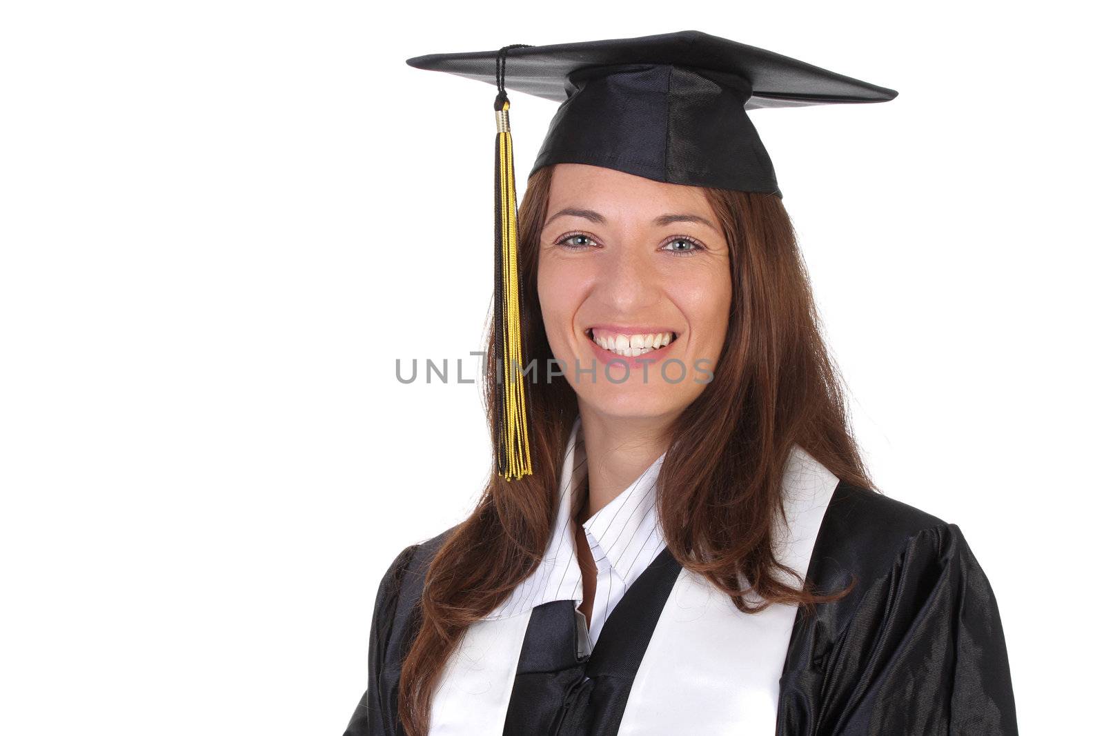 happy graduation a young woman on white background