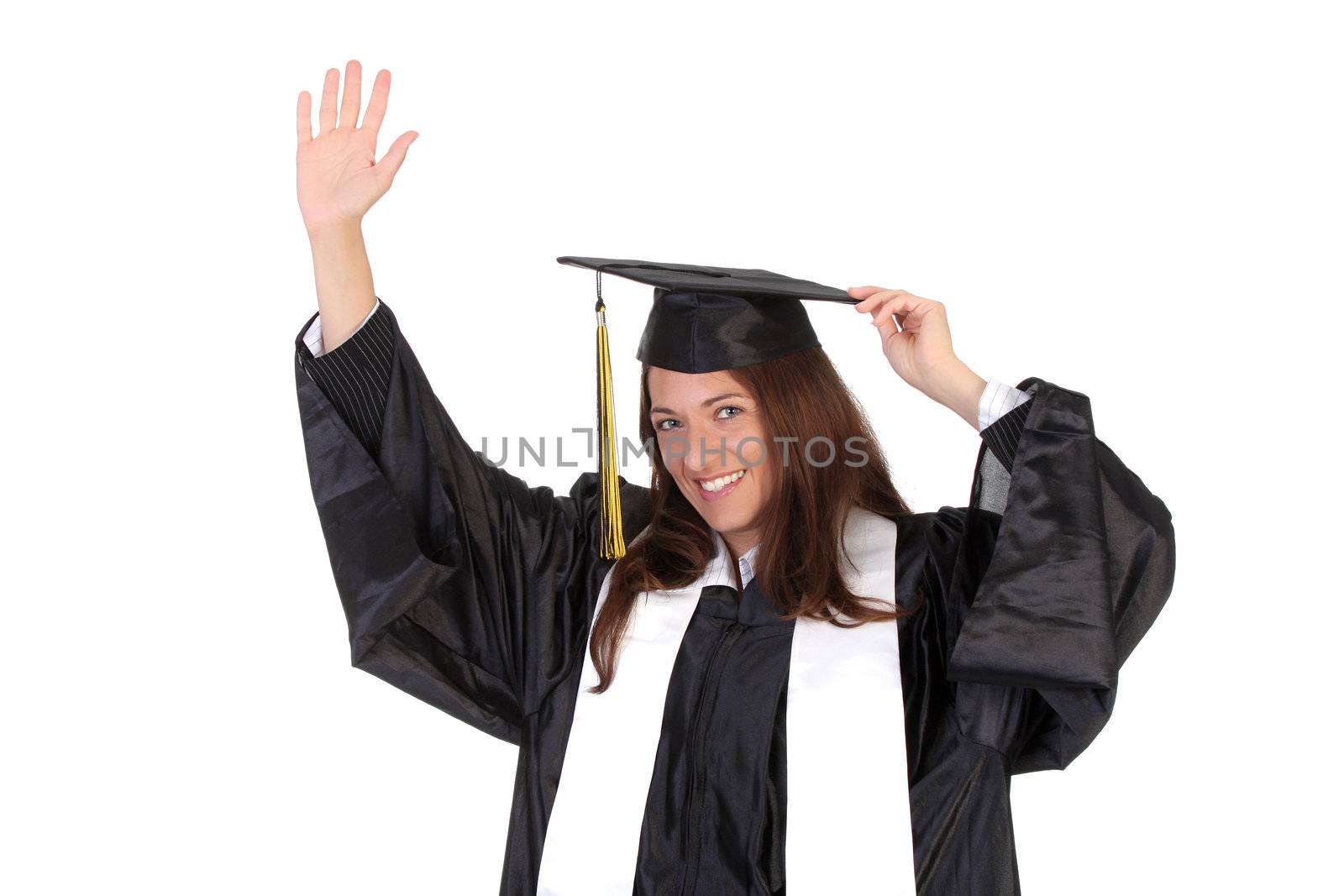 happy graduation a young woman on white background