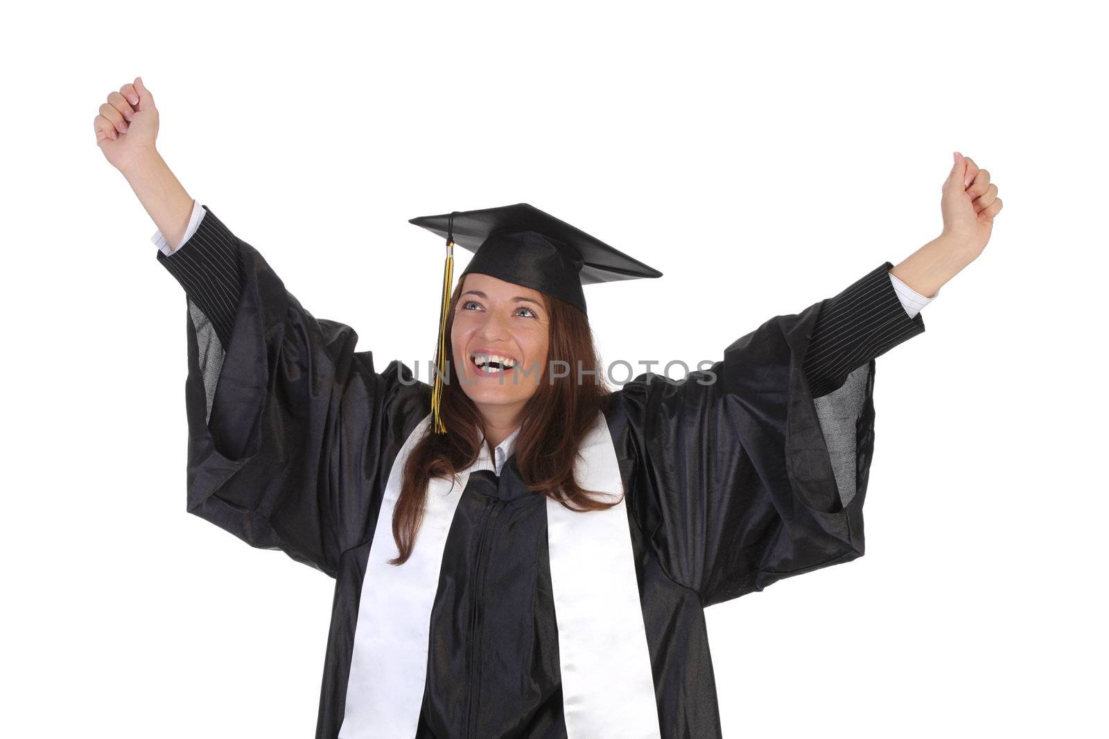 happy graduation a young woman on white background