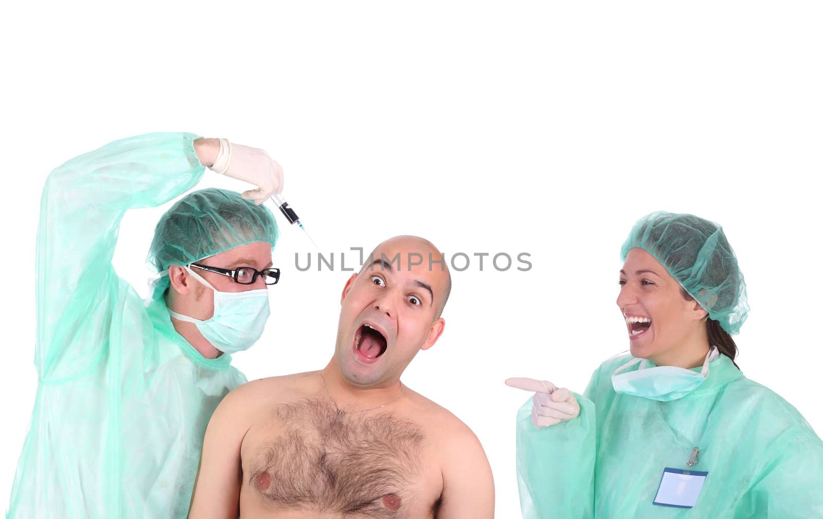 aggressive surgeon injecting a scare patient and laughing healthcare worker 