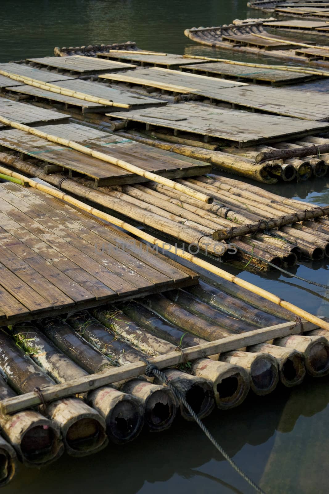 Image of bamboo rafts at Yangshuo, Guilin, China.