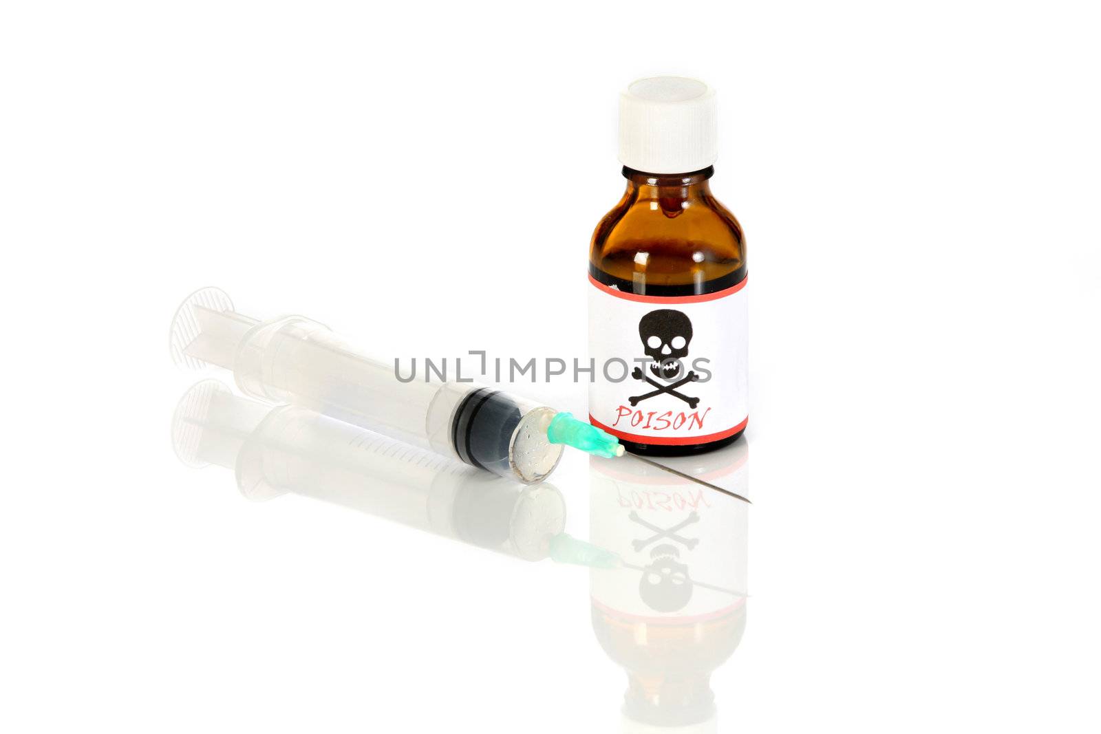 injection and poison bottle on white background