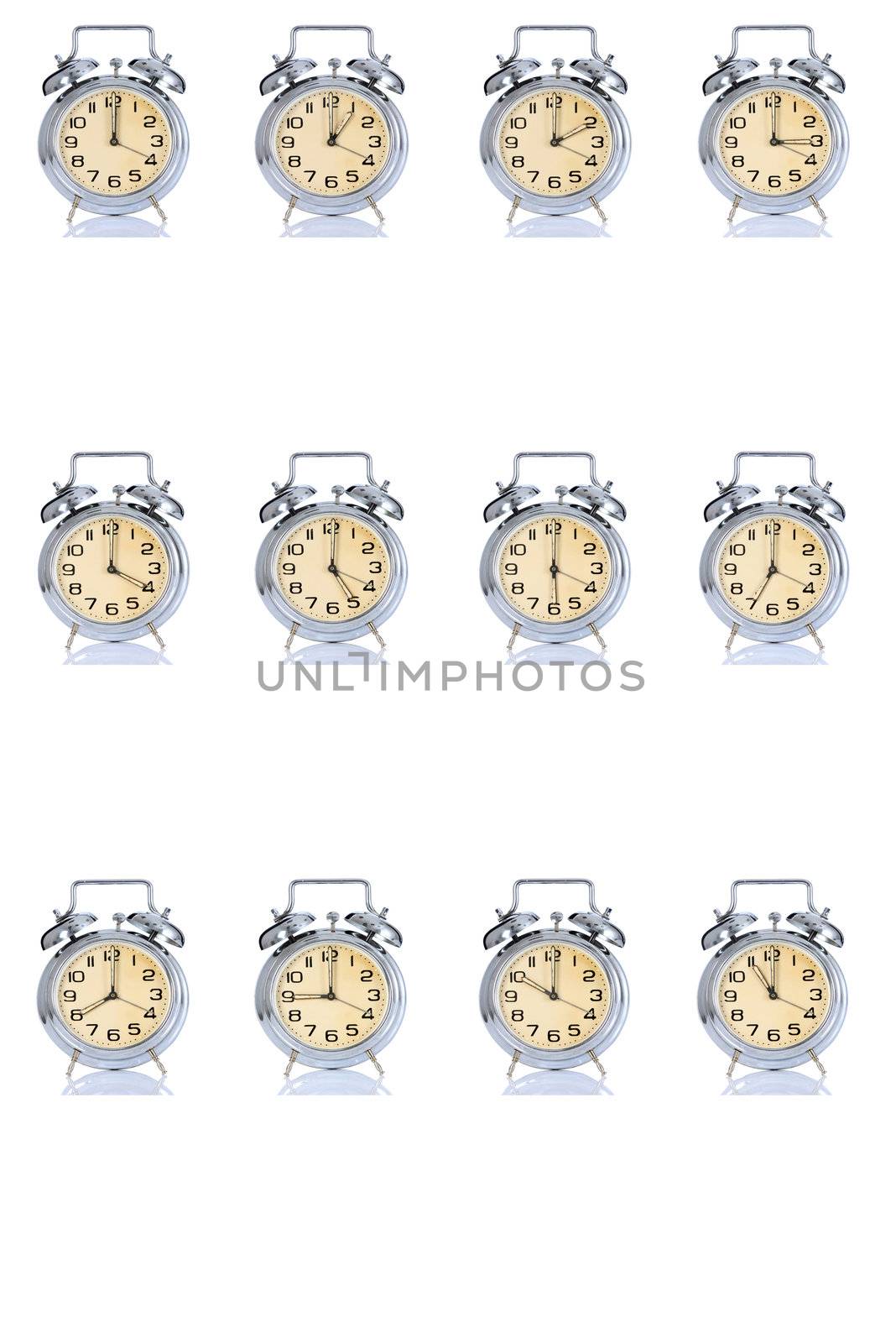 group of alarm clock with times 12 clock on white background