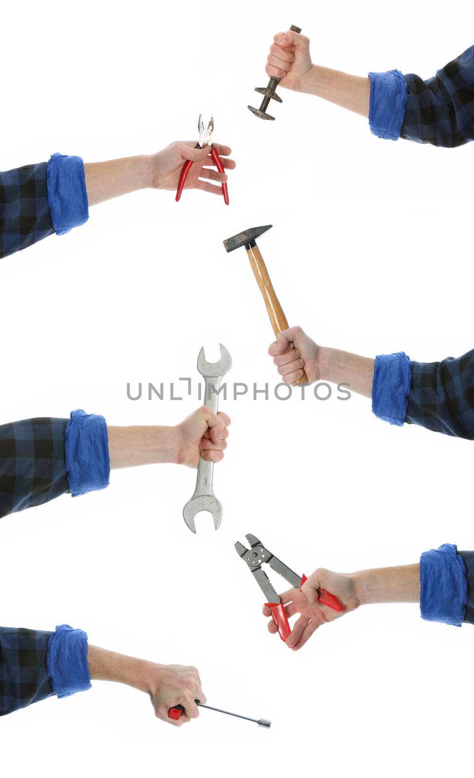 Composition of hand and tool on white background