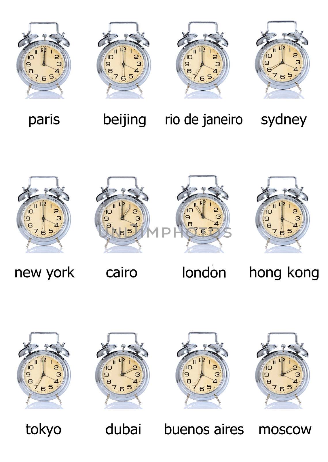 group of alarm clock with times 12 clock and 12 cities