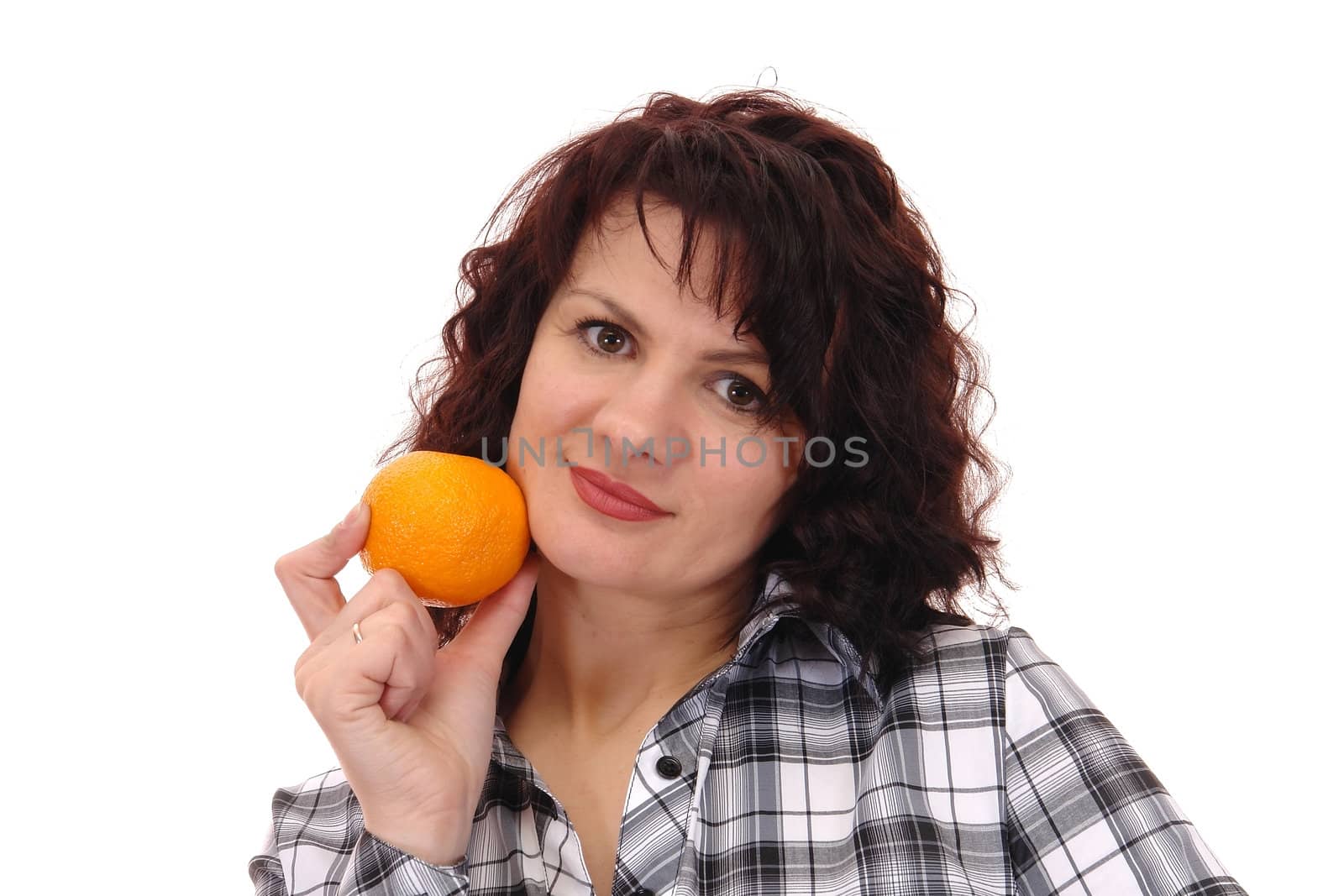 woman with orange isolated on white background                               
