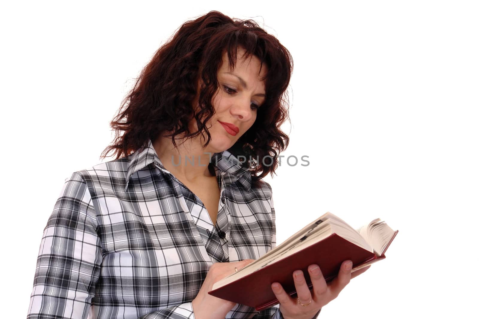 woman with book isolated on white background                           