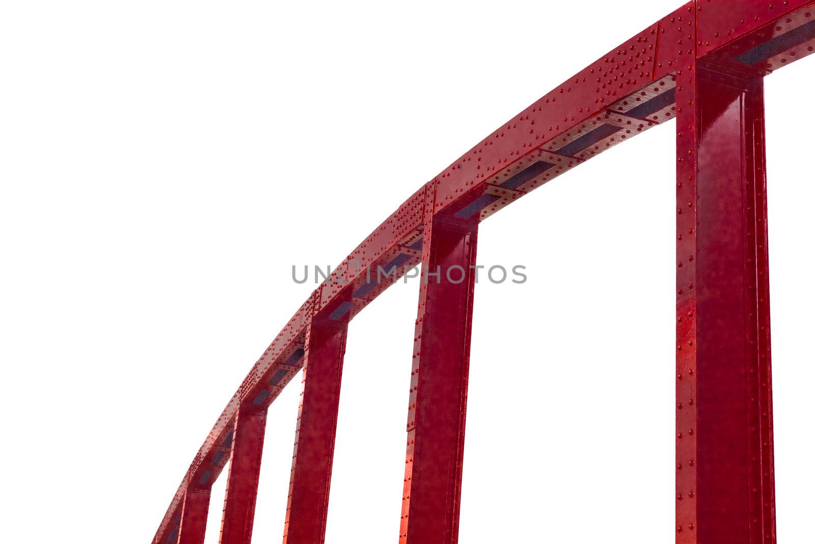 Red painted riveted steel arc of bridge isolated on white.
