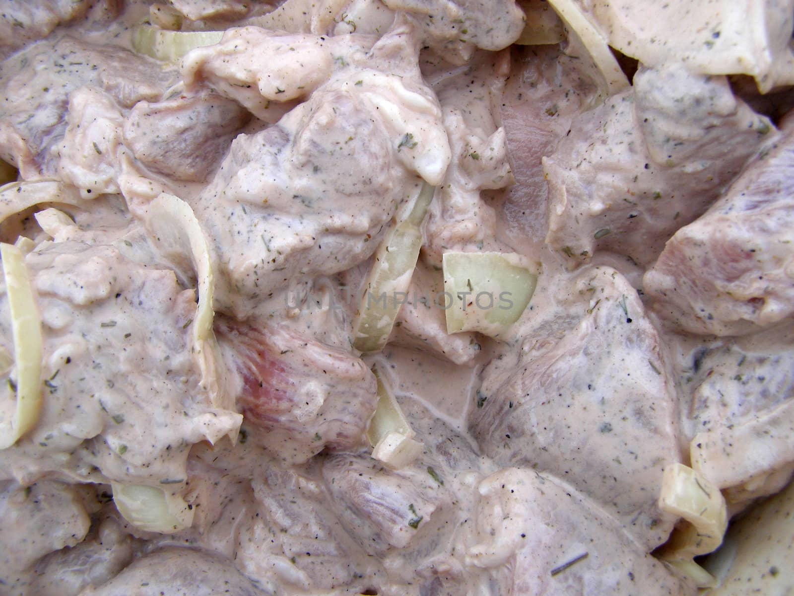 Damp meat is wet in the marinade with the mayonnaise for the preparation of shish kebab.