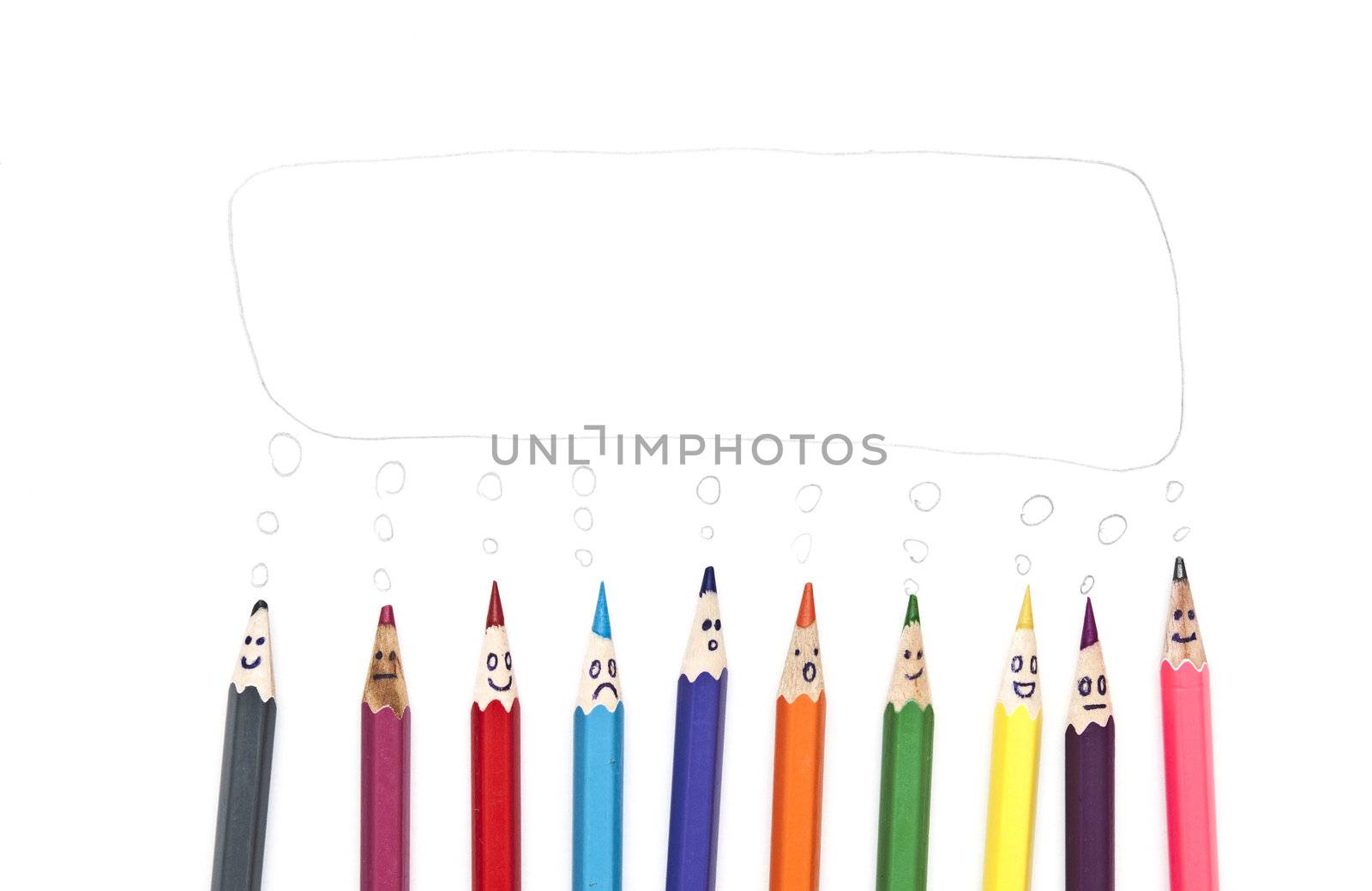 Happy group of pencil faces as social network with speech bubbles