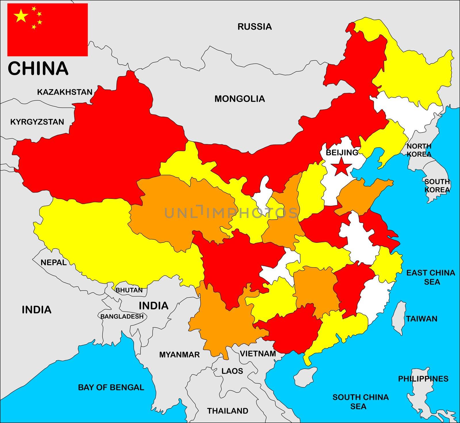 a map of china in black and color with neighbours
