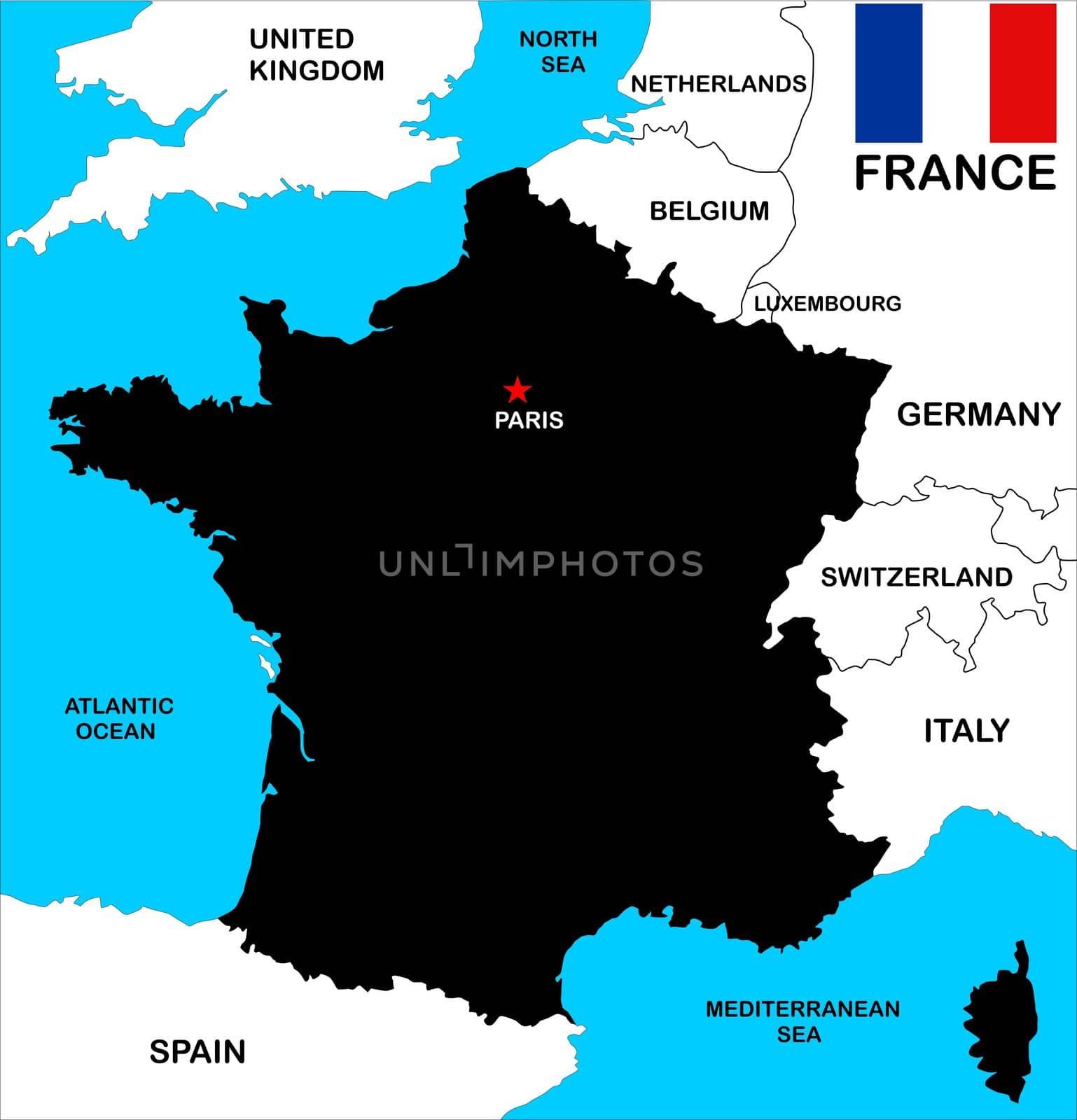 a map of france in black and color with neighbours
