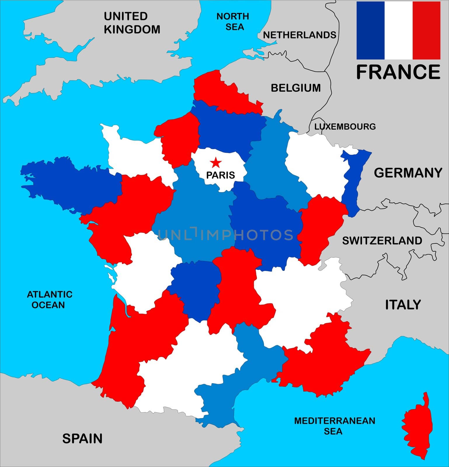 a map of france in black and color with neighbours
