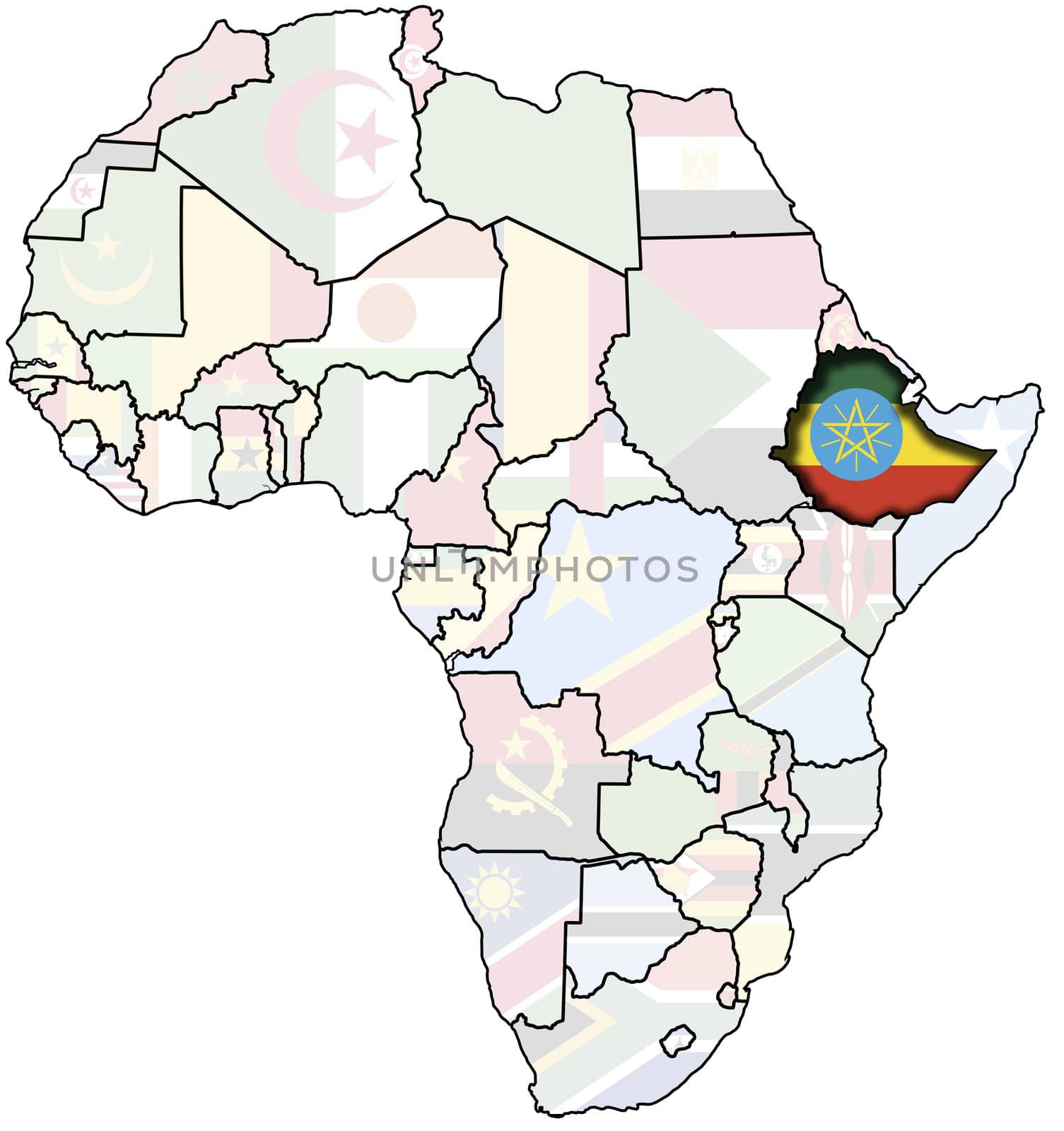 flag of ethiophia on map of africa