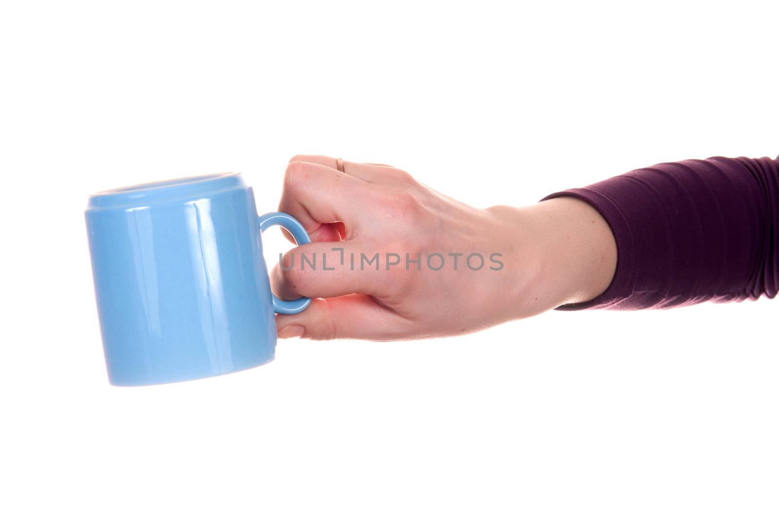 hand with mug isolated on white background