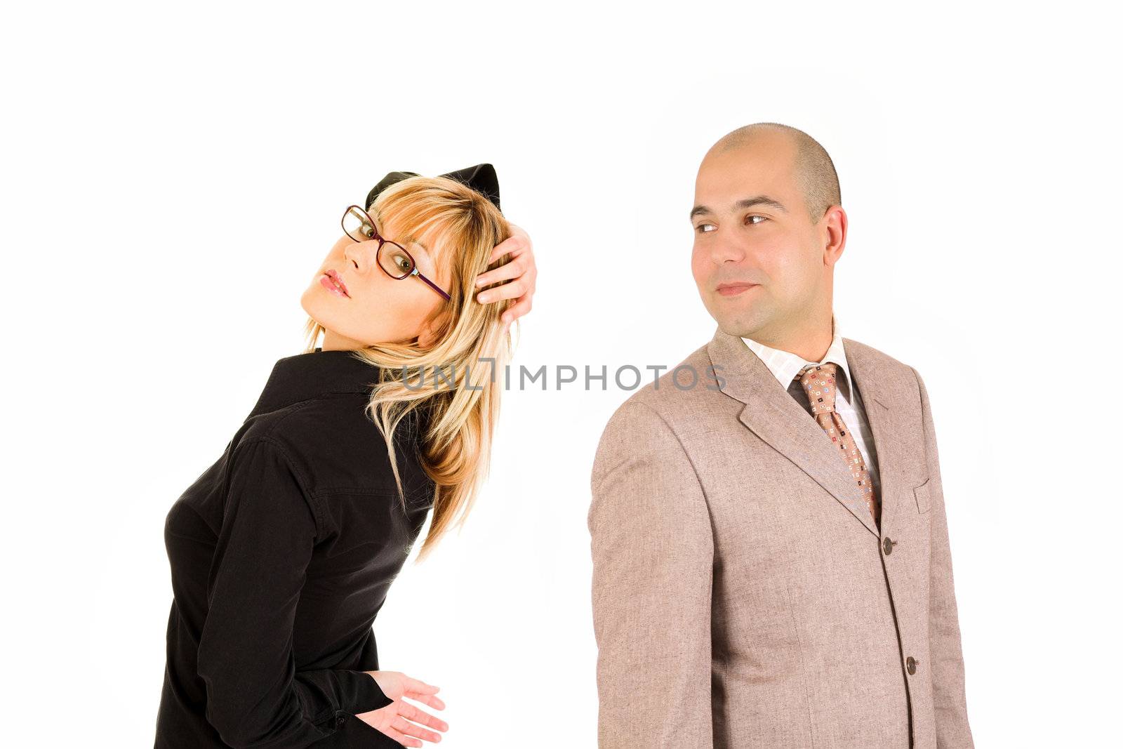 businesswoman and businessman partners on white background 